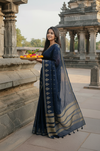 Woman in a blue saree holding fruits in front of an ancient temple.