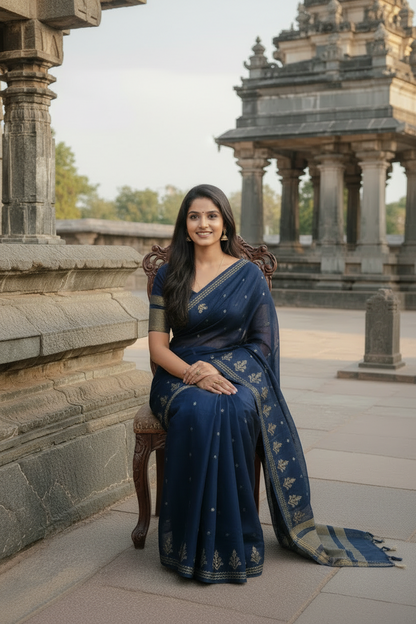 Midnight Noir Raw Silk Saree – Handwoven Elegance in Golden Zari