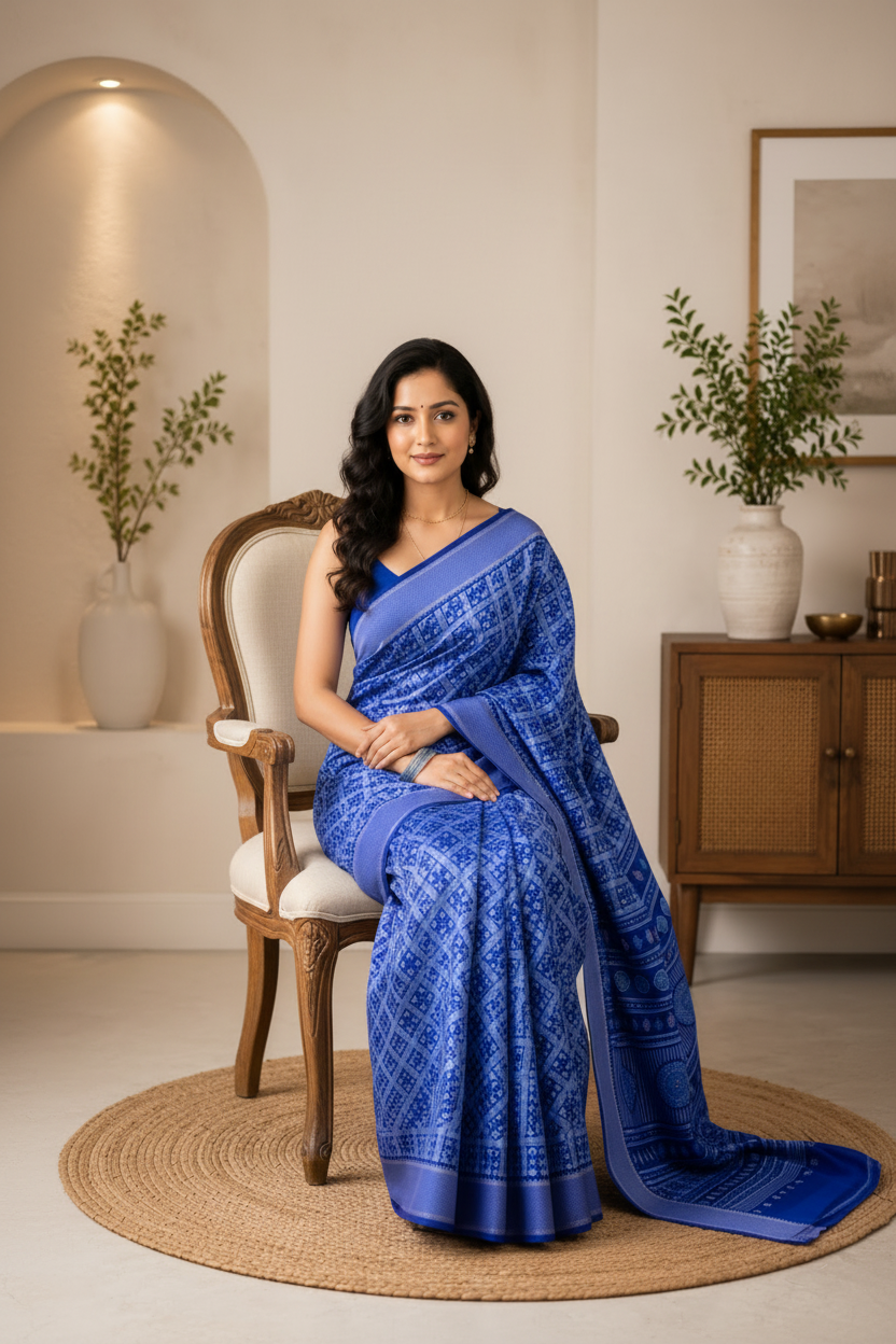 Woman in a blue saree sitting on a chair in a well-lit room with decor elements.
