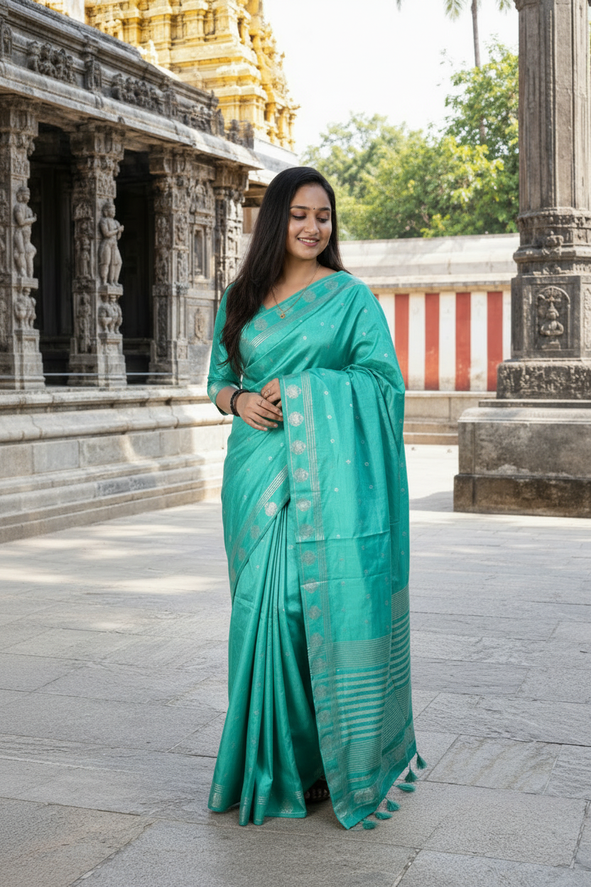 A woman wearing a teal green silk saree with silver motifs stands in a courtyard in front of a carved stone temple building.