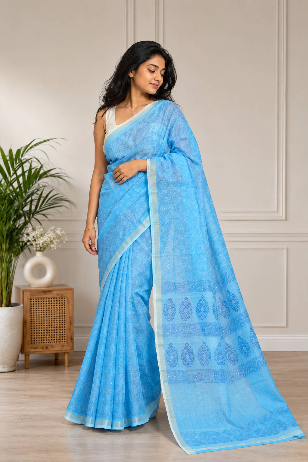 A woman modeling a light blue saree with subtle tonal patterns and a matching blouse, standing in a neutral indoor room with a plant and small wooden side table.