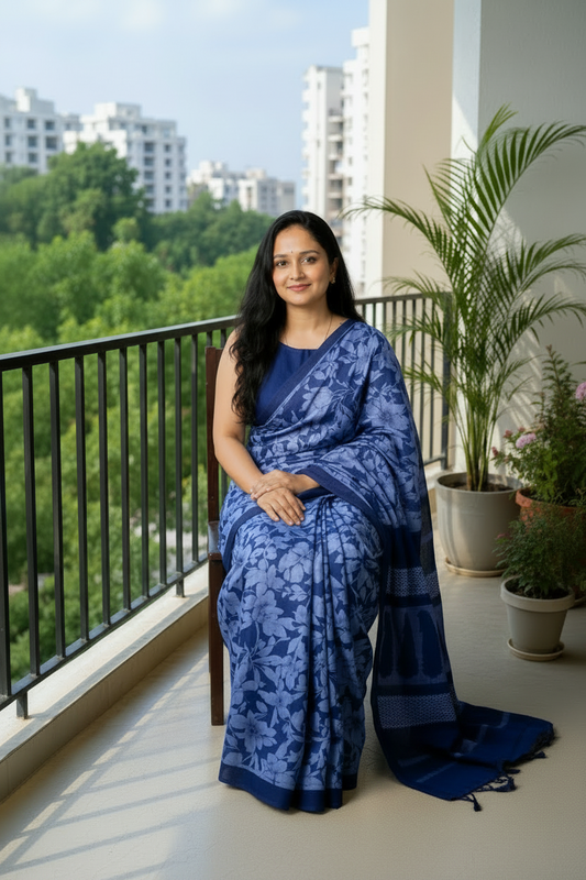 A woman wearing a blue floral saree sits on a balcony with a railing, potted plants, and apartment buildings in the background.