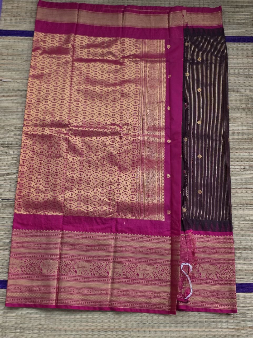 Elegant Deep Snuff Brown Semi Gadwal Saree with Pink Border