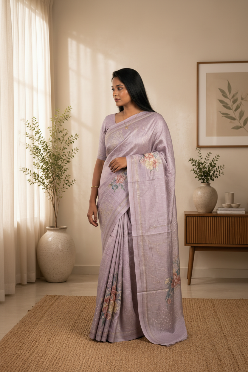 Woman in a light purple saree standing in a room with decor elements.