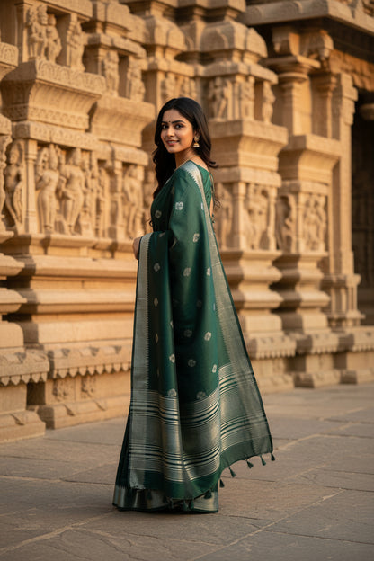 Woman in a green saree standing in front of an architectural structure.