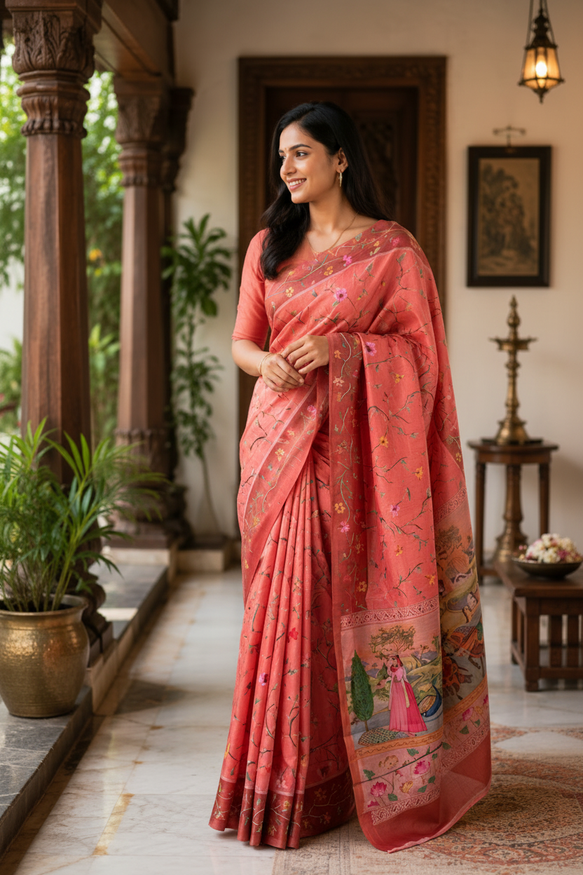 Woman wearing a traditional saree in an indoor setting with decor elements.