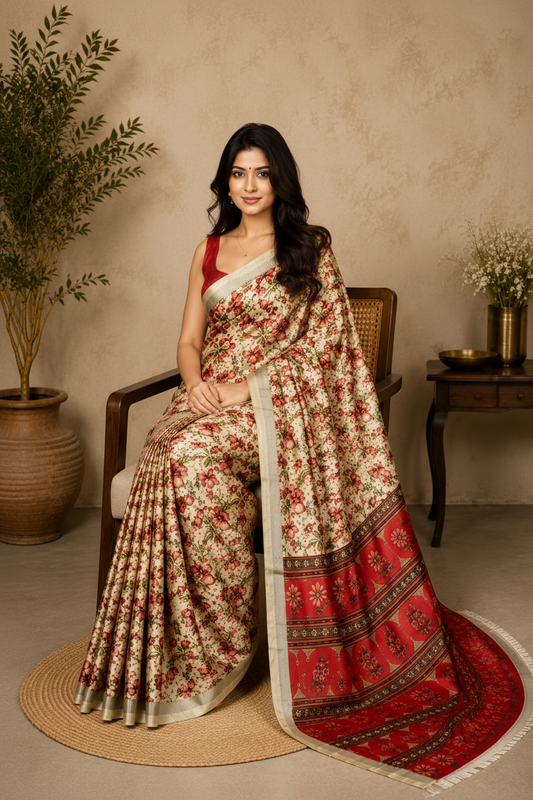A woman seated on a wooden chair wearing a beige and red floral saree with a red border, styled in a warm indoor setting with plants and a side table.