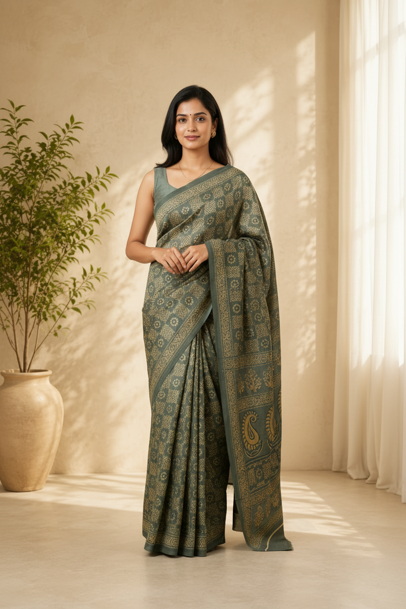 Woman wearing a grey saree with a pattern in a softly lit room.