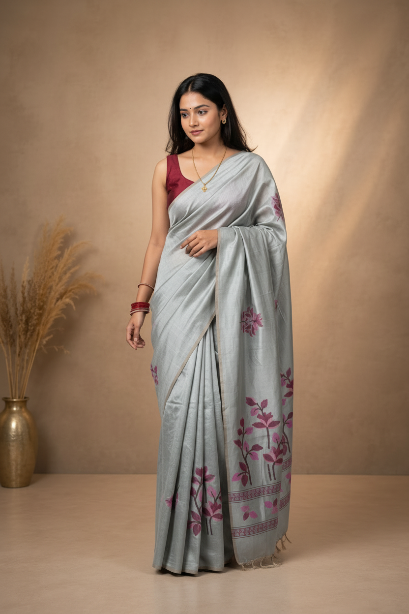 Woman wearing a light gray saree with floral patterns on a beige background