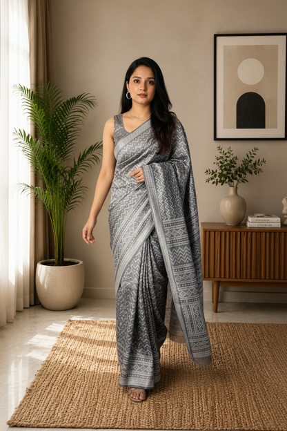 Woman in a grey saree standing in a room with plants and a wooden cabinet.