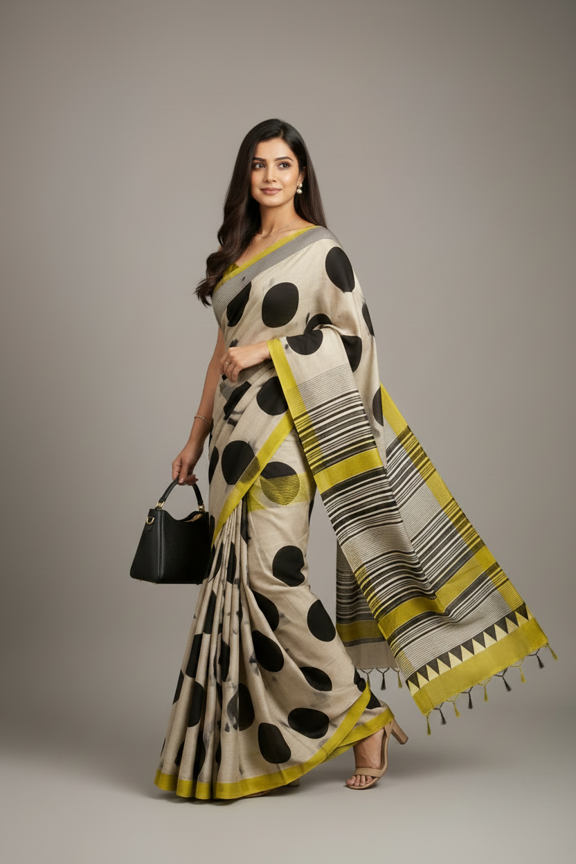 Woman wearing a patterned saree with a neutral background