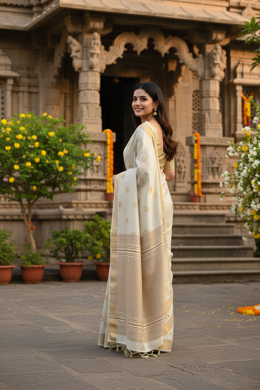 Woman in a traditional saree standing in front of an architectural structure with floral decorations.