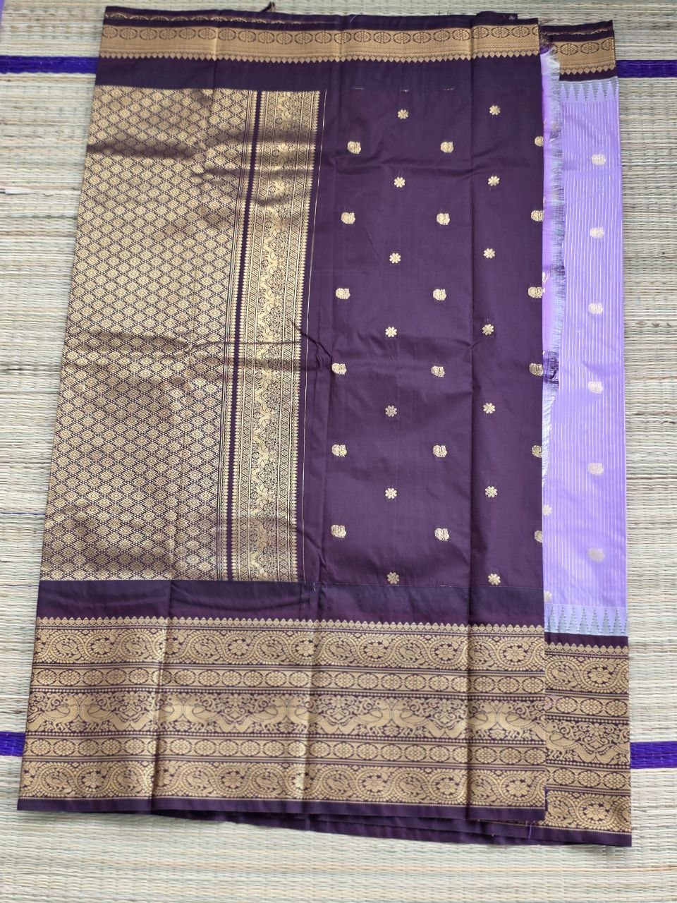 Elegant Lavender & Deep Brown Premium Semi Gadwal Saree
