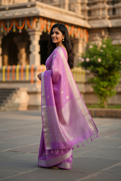 Woman in a purple saree standing in front of a building with decorative elements.