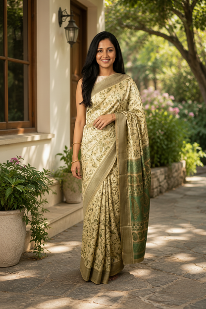 A woman stands outdoors on a stone walkway wearing a light beige and olive green patterned saree with a matching blouse. The background shows a building exterior with potted plants and greenery.