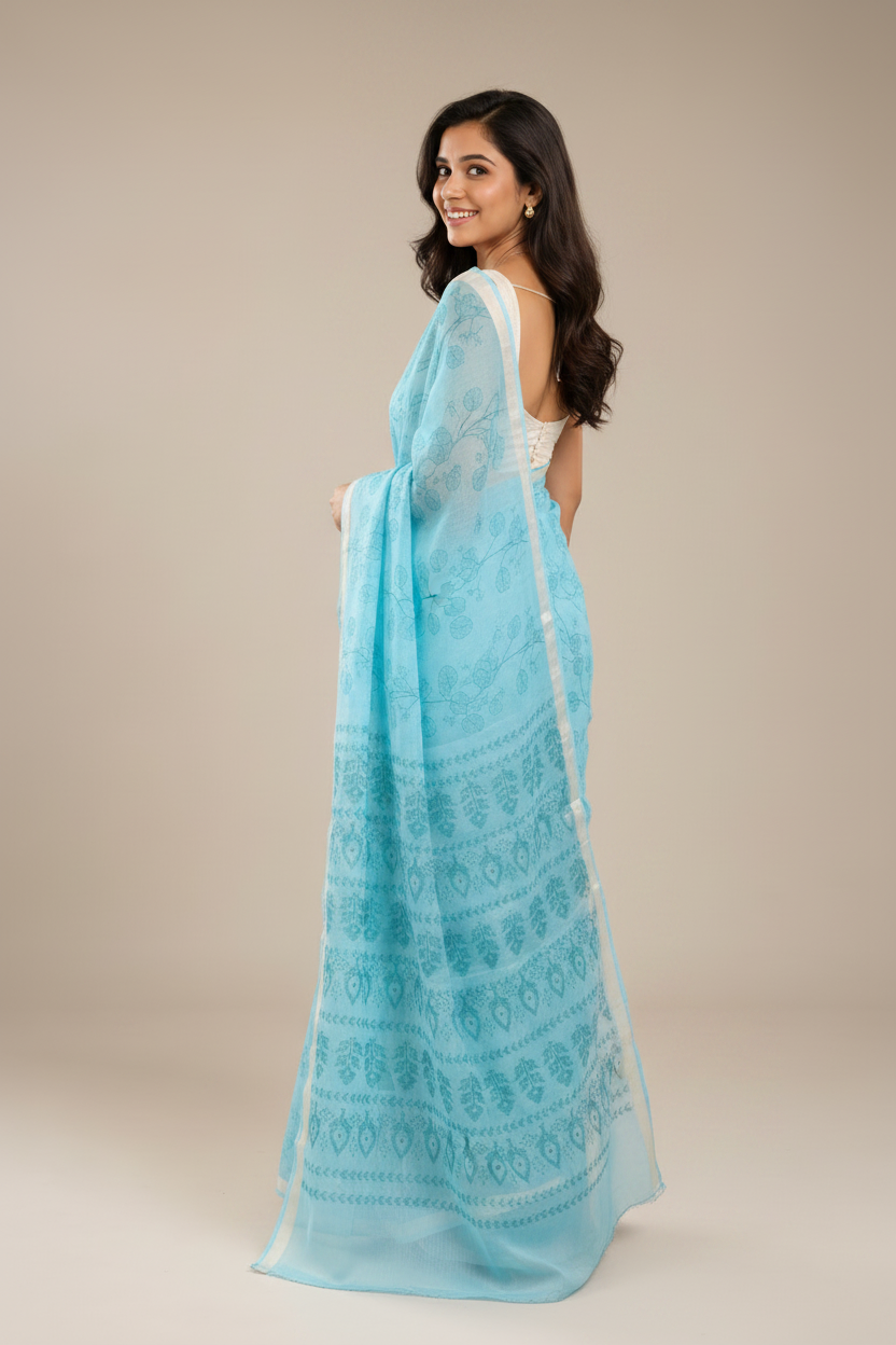 A woman modeling a light blue saree with white border details and a matching white blouse, standing against a solid beige studio background.