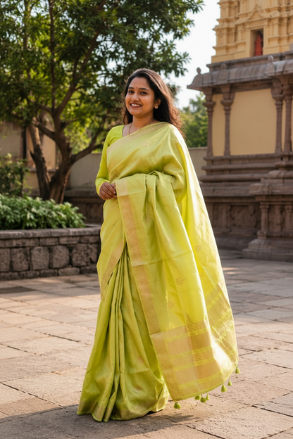 A woman wearing a light yellow-green silk saree with a gold border stands outdoors in front of a stone building and trees.