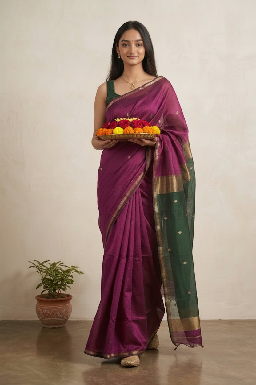 Woman wearing a purple and green saree with a plant in the background