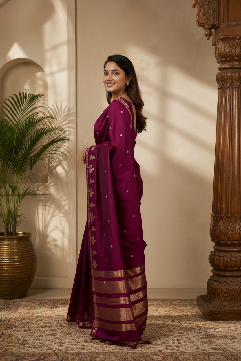 Woman in a magenta saree standing in a room with wooden decor and plants.