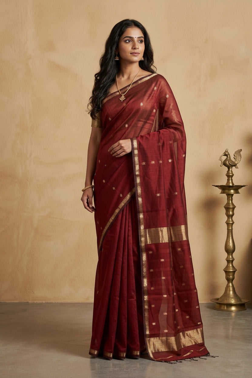 Woman wearing a maroon saree with gold border against a beige background