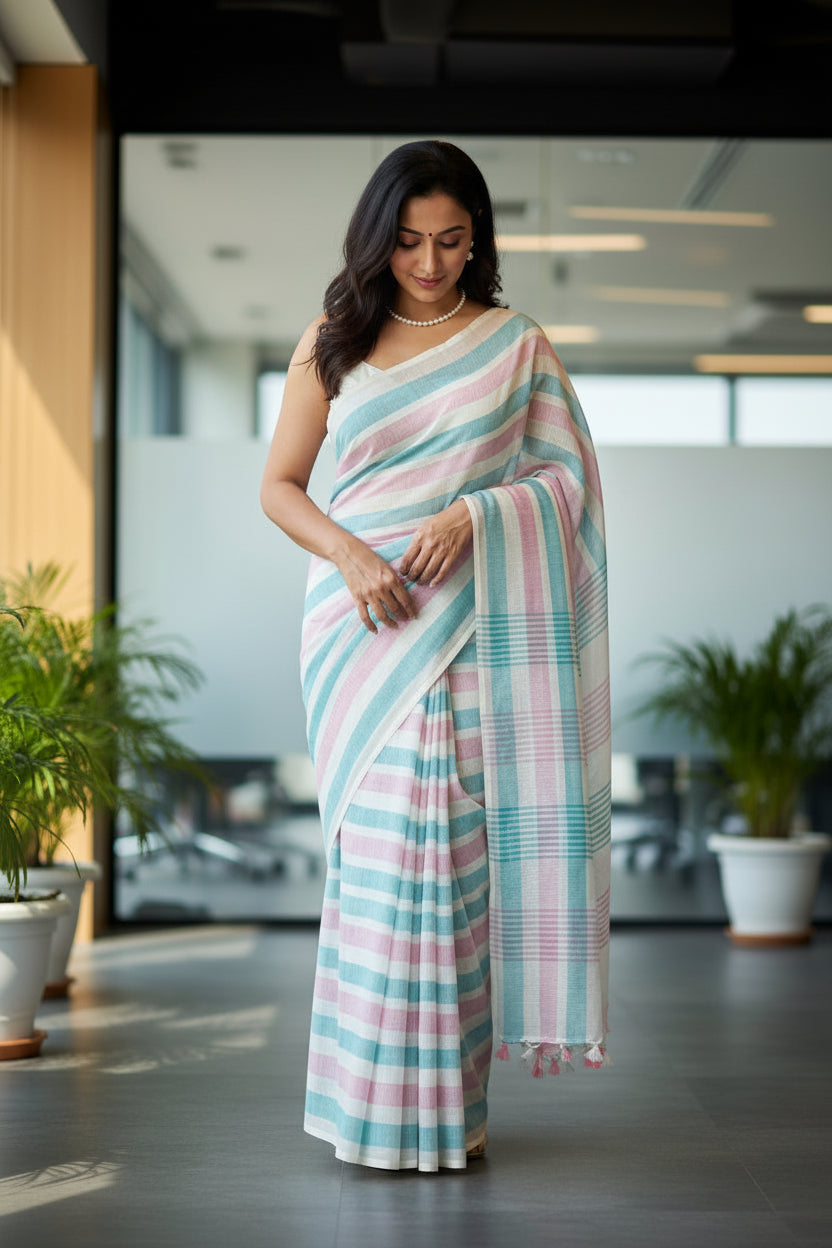 Woman in a colorful saree standing in an indoor setting with plants and a large window.