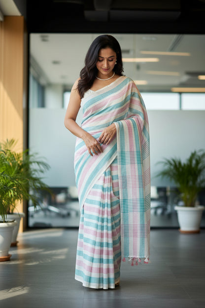Woman in a colorful saree standing in an indoor setting with plants and a large window.