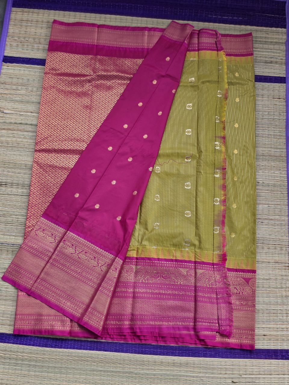 Elegant Mustard Yellow Semi Gadwal Saree with Fuchsia Pink Border