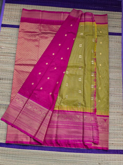Elegant Mustard Yellow Semi Gadwal Saree with Fuchsia Pink Border