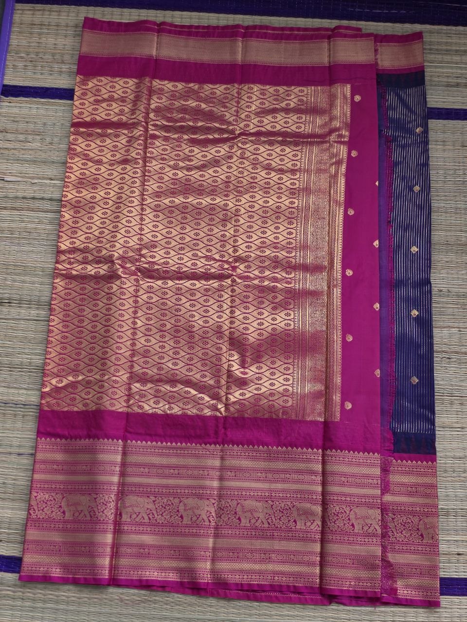 Elegant Navy Blue Semi Gadwal Saree with Rani Pink Border