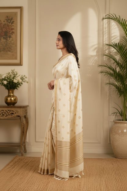 Woman in a cream saree standing in a room with decorative elements.