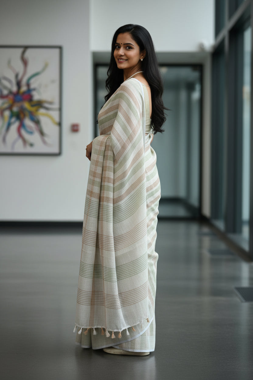 Woman in a white saree standing in a modern indoor setting with abstract art in the background.