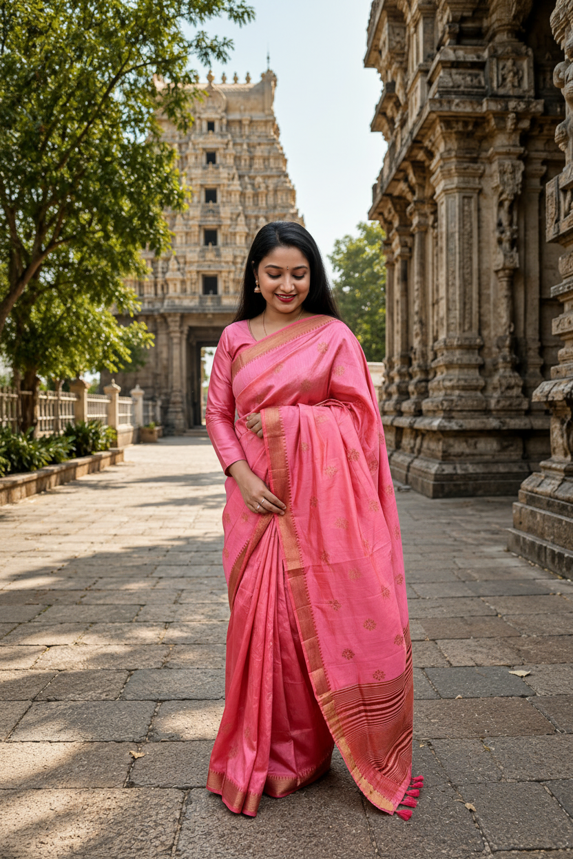 A woman wearing a pink silk saree with gold zari motifs and a gold border stands in a stone courtyard in front of a traditional temple tower.