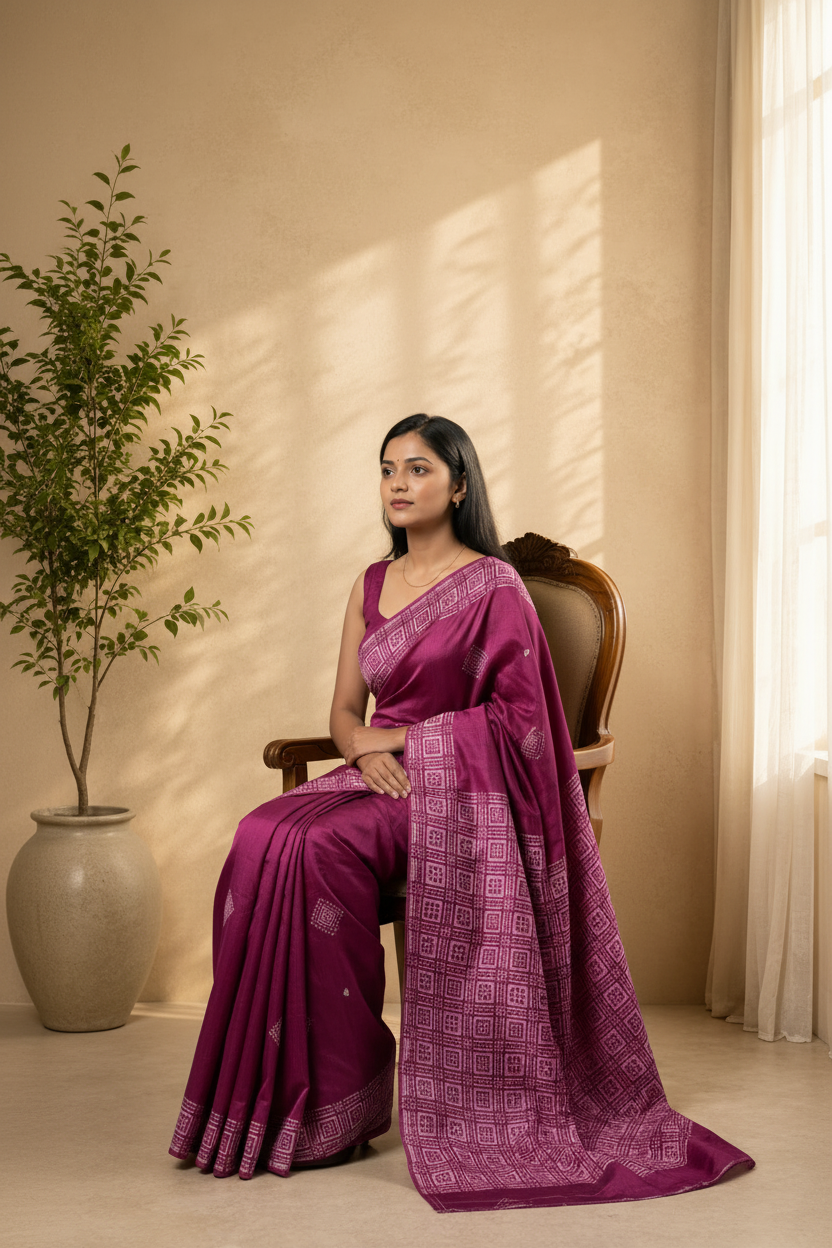 Woman wearing a purple saree with a geometric pattern in a well-lit room.