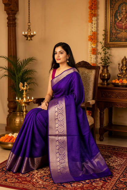 Woman in a purple saree sitting in a decorated room with religious symbols and decorations.