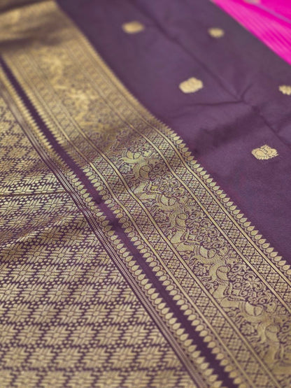Elegant Rani Pink Semi Gadwal Saree with Dark Brown Pallu
