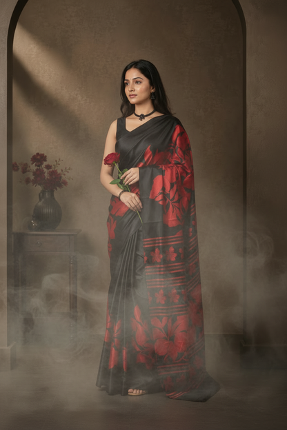 A woman models a black and red patterned silk saree in a dimly lit, elegant room with an arched doorway and a side table with a vase.