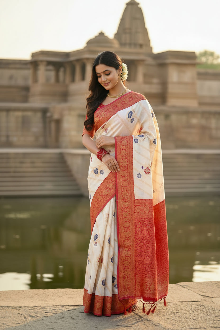 Woman in a traditional saree standing in front of an ancient temple.