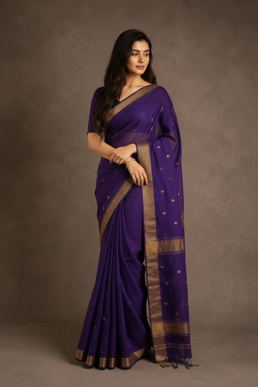 Woman wearing a purple saree with a brown border against a gray background