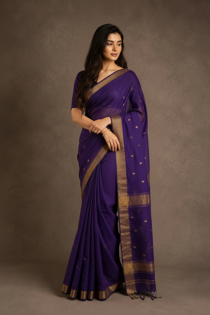 Woman wearing a purple saree with a brown border against a gray background