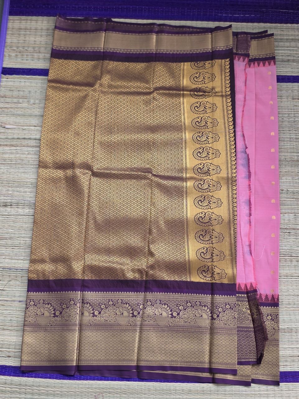 Elegant Salmon Pink Semi Gadwal Saree with Deep Plum Purple Border