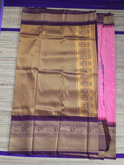 Elegant Salmon Pink Semi Gadwal Saree with Deep Plum Purple Border