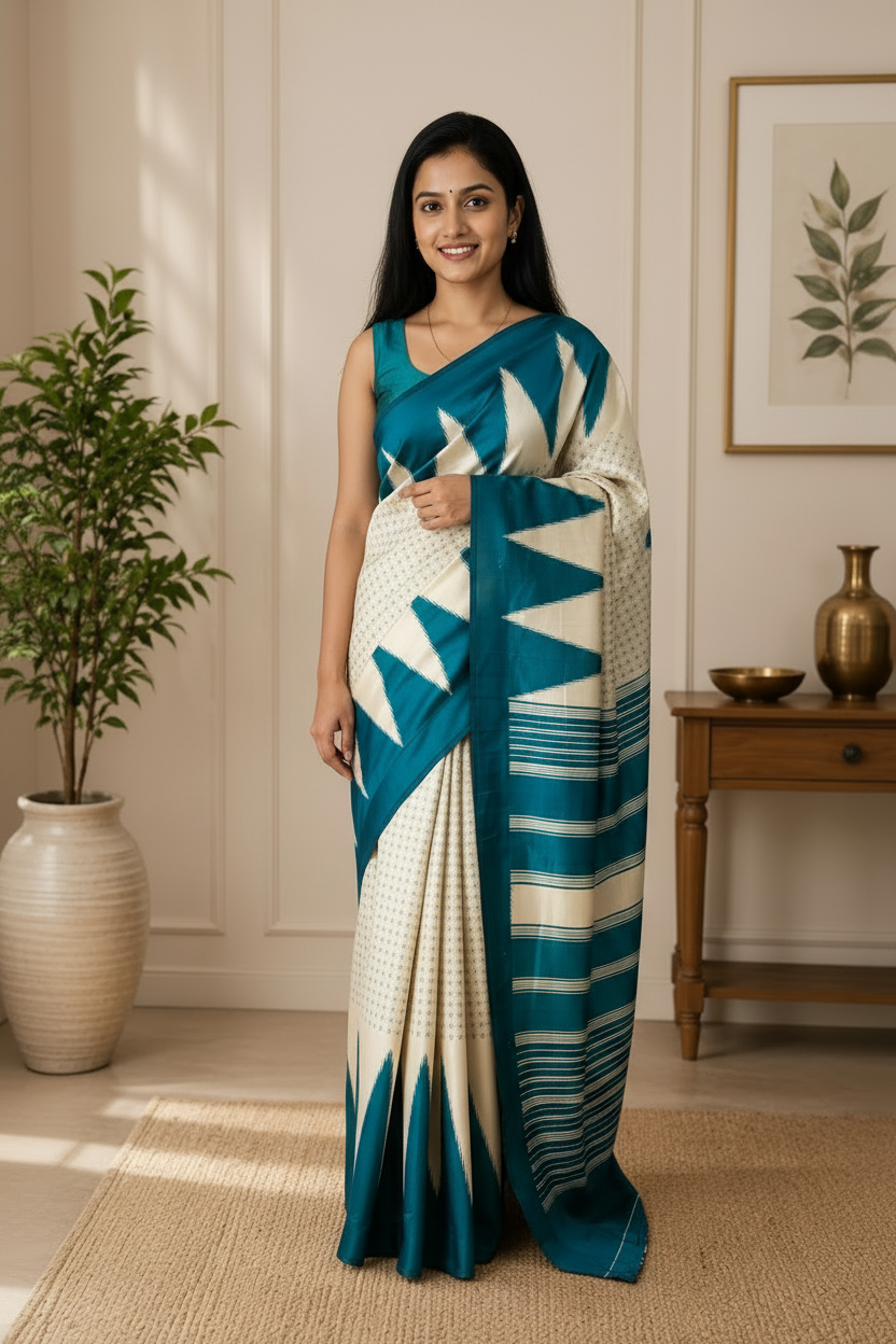 Woman wearing a blue and white patterned saree in a room with a plant and wooden table.