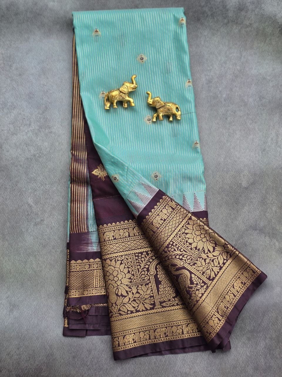 Elegant Sea Green Premium Semi Gadwal Saree with Chocolate Brown Border