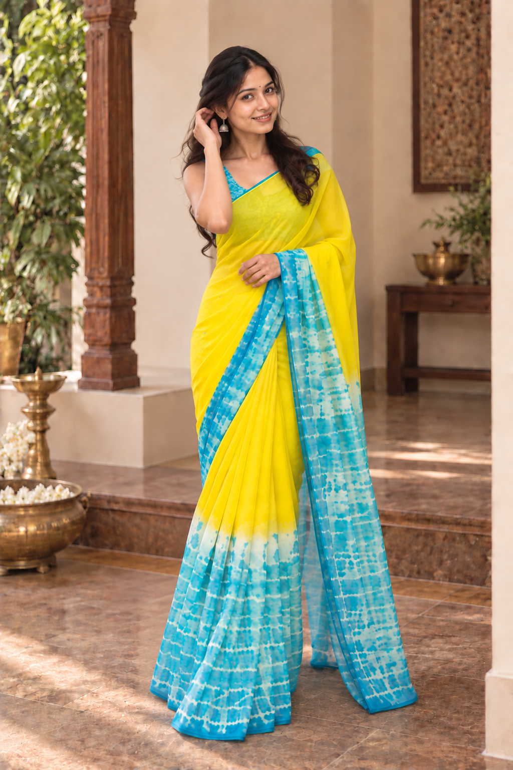 Elegant Shibori Printed Chiffon Saree with Foil Mirror Work & Blouse Piece