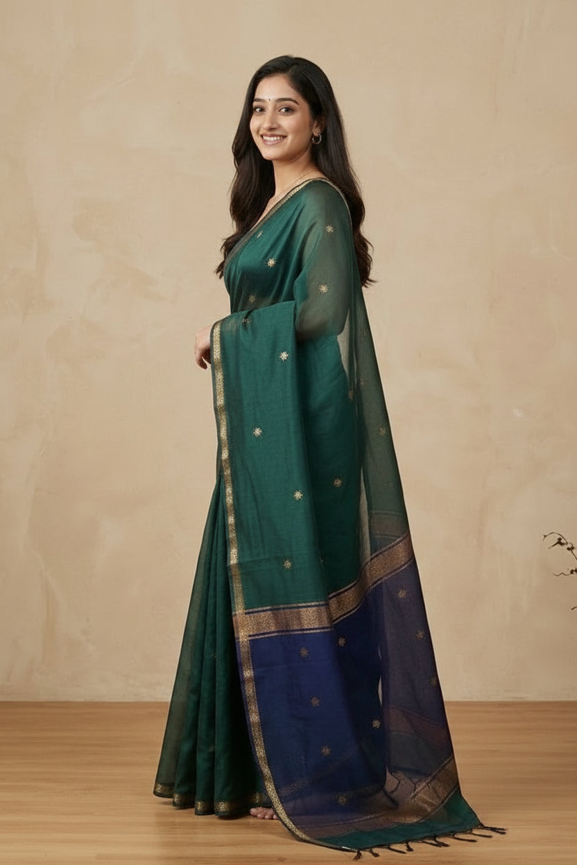 Royal Teal Maheshwari Silk Cotton Saree for Festive & Occasion Wear
