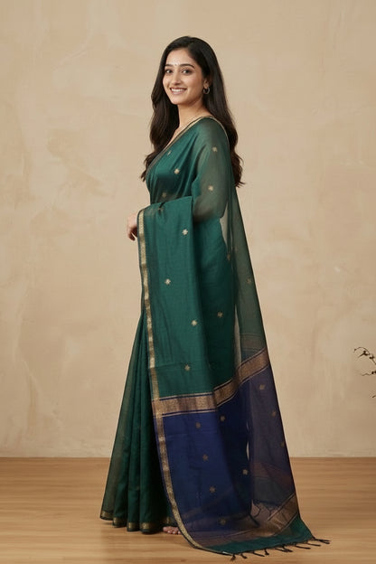 Royal Teal Maheshwari Silk Cotton Saree for Festive & Occasion Wear