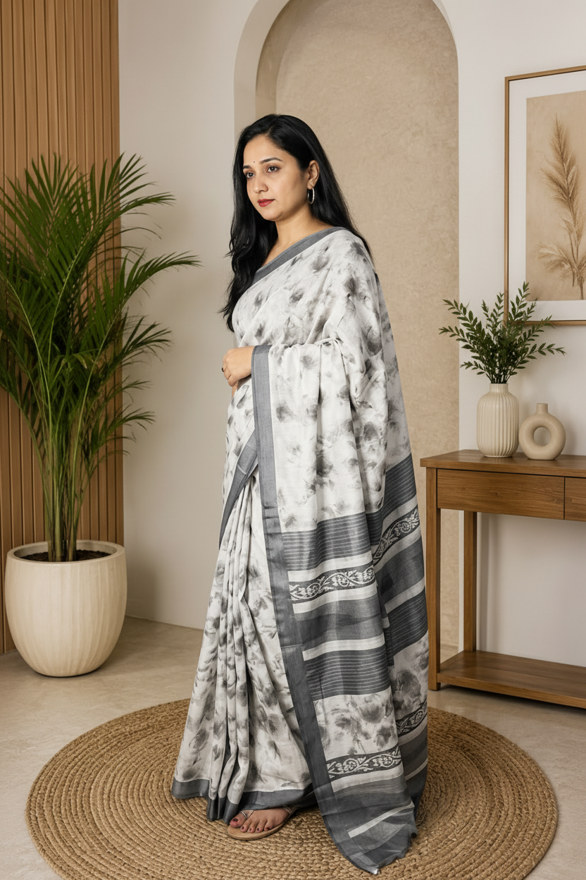 A woman modeling a gray and white tie-dye saree with a patterned border, standing on a round jute rug in a modern, neutral-toned indoor setting.
