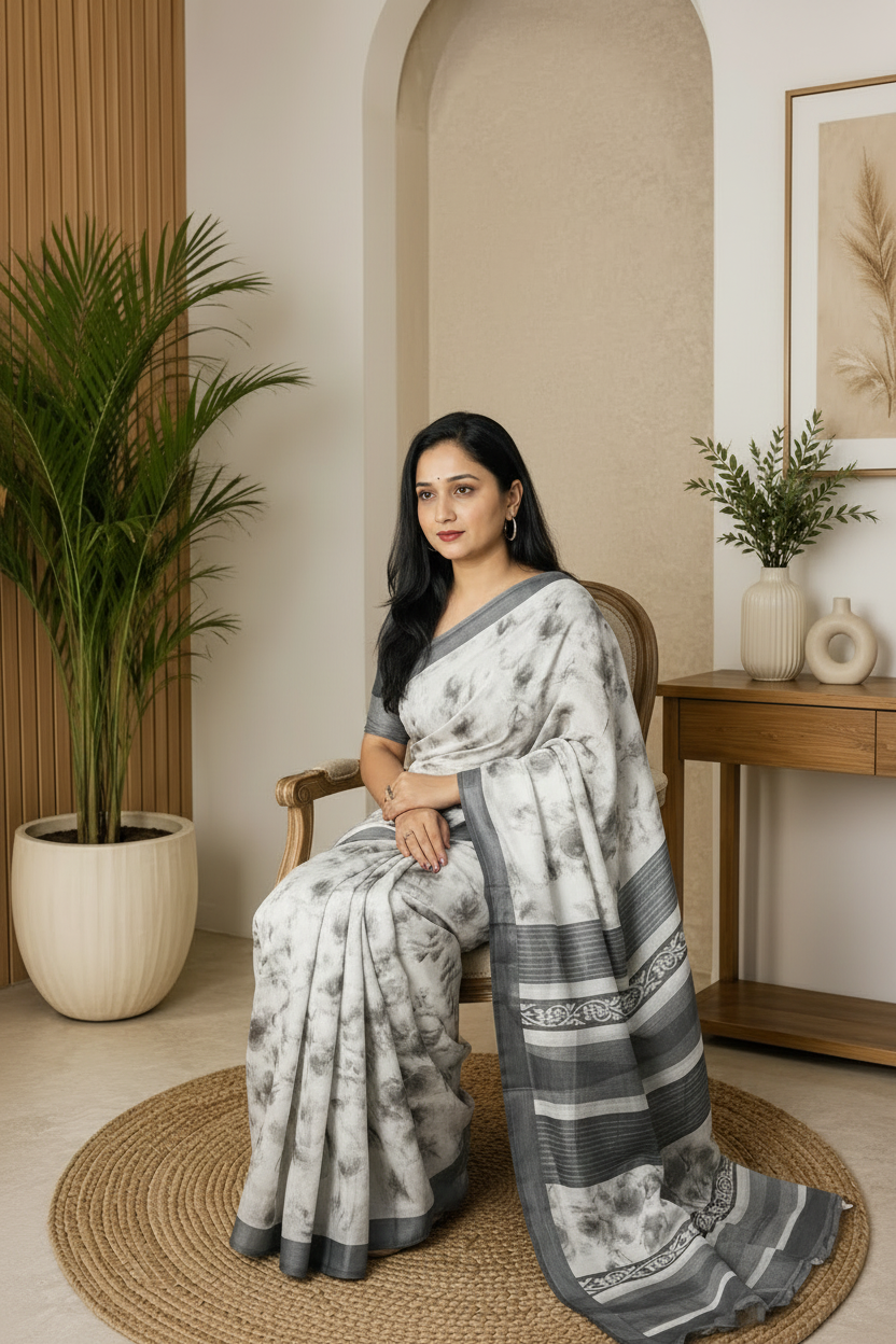 White Watercolor Rose Print Saree for Women – Elegant Lightweight Floral Saree