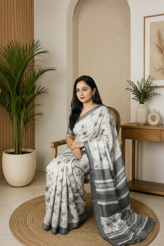White Watercolor Rose Print Saree for Women – Elegant Lightweight Floral Saree