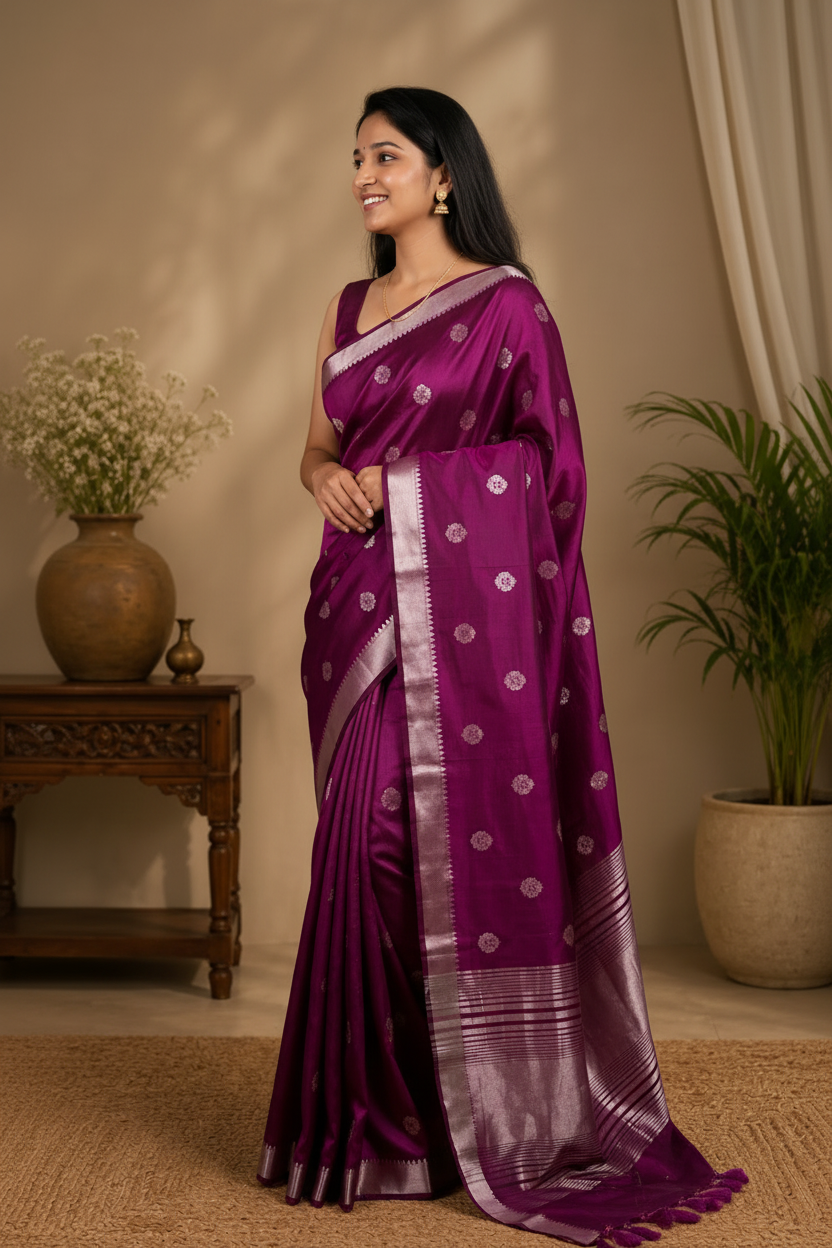 Woman wearing a wine saree with white patterns in a room with plants and a wooden table.